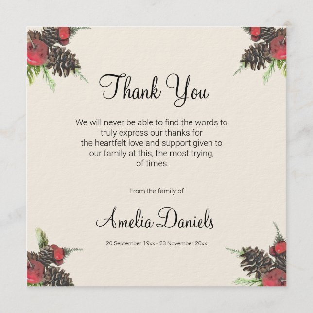 Convite Winter Pine Cone and Berry Funeral Thank You Cards (Frente)