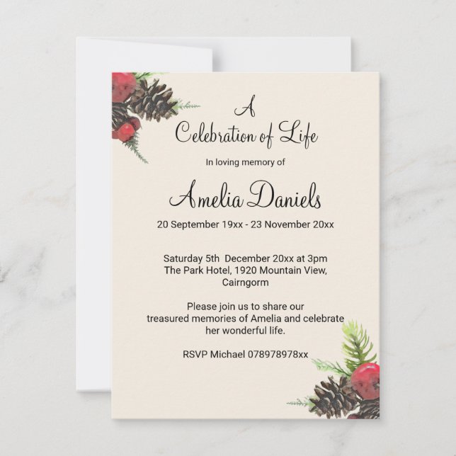 Convite Winter Pine Cone Celebration of Life Card (Frente)