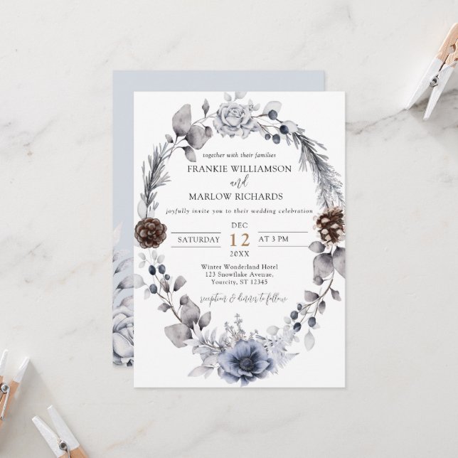 Convite Winter Pine Cone Floral Wreath Boho Weding Invita (Frente/Verso In Situ)