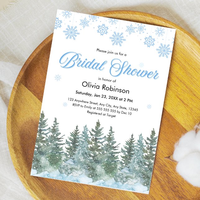 Convite Winter Pine Trees Snowflakes Bridal Shower (Winter Pine Trees Snow in Love Snowflakes Bridal Shower Invitation )
