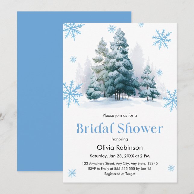Convite Winter Pine Trees Snowflakes Bridal Shower (Frente/Verso)