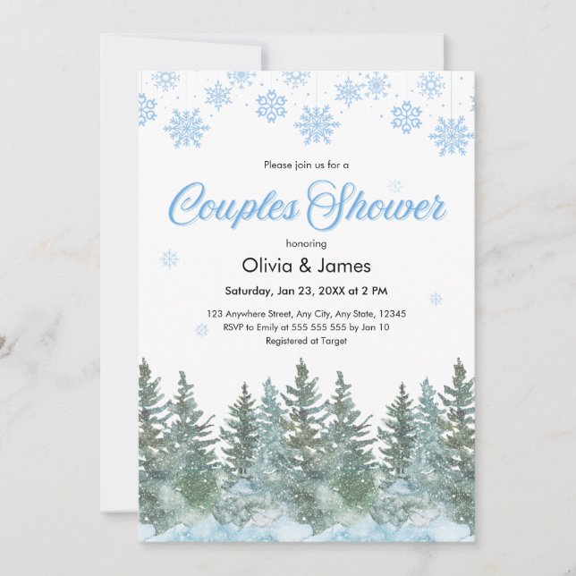 Convite Winter Pine Trees Snowflakes Couples Bridal Shower (Frente)