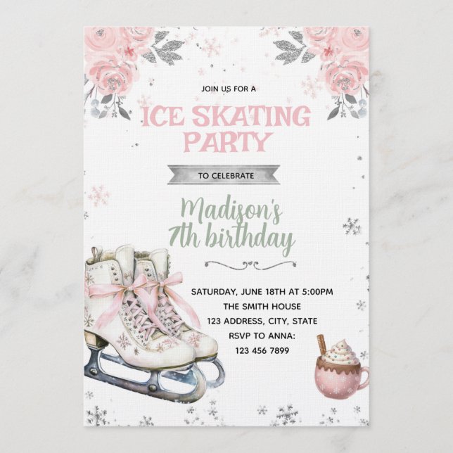 Convite Winter Pink and Silver Skating invitation (Frente)