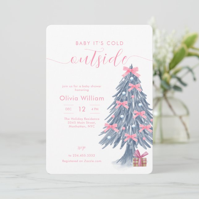 Convite Winter Pink Bow Christmas Tree Baby Shower (Em pé/Frente)