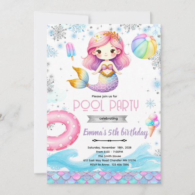 Convite Winter pool mermaid party invitation (Frente)