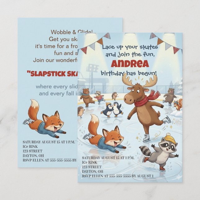 Convite Winter Slapstick Ice Skating Birthday Invitation (Frente/Verso)