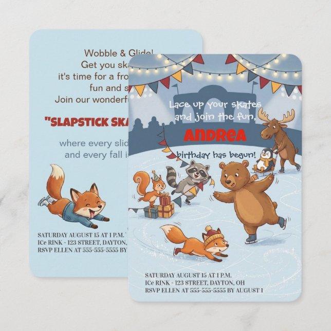 Convite Winter Slapstick Ice Skating Birthday Invitation (Frente/Verso)