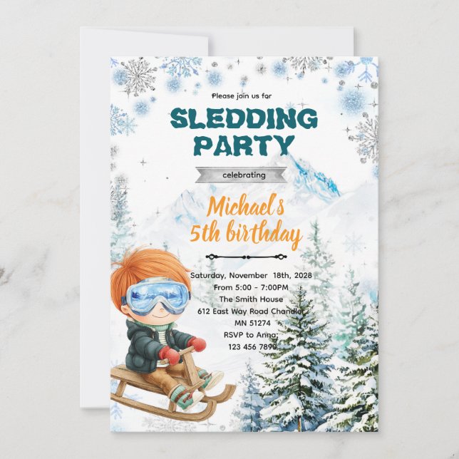 Convite Winter Sledding party theme invitation (Frente)