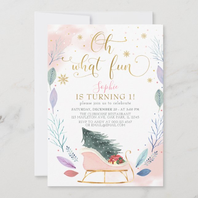 Convite Winter Sleigh Oh Que primeiro aniversario De Natal (Frente)