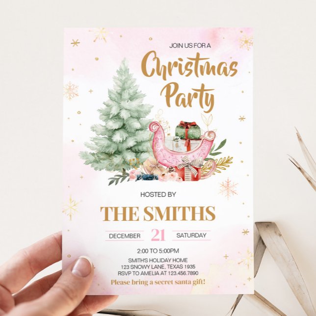 Convite Winter Sleigh Snowflakes Festa de Natal (Winter Snowflakes Christmas Party Invitation)