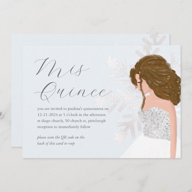 Convite Winter Snow 15 Birthday Quinceañera Código QR (Frente/Verso)