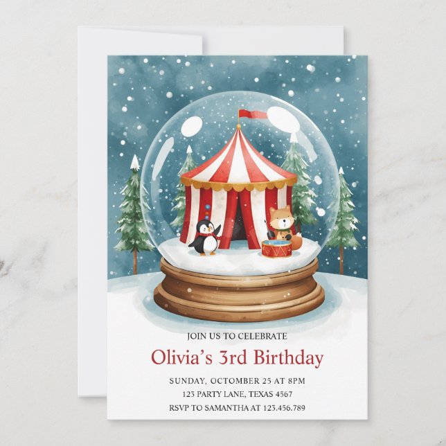 Convite Winter Snow Globe Circus Birthday (Frente)