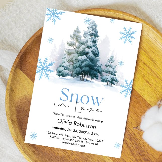 Convite Winter Snow in Love Snowflakes Bridal Shower  (Winter Pine Trees Snow in Love Snowflakes Bridal Shower Invitation )