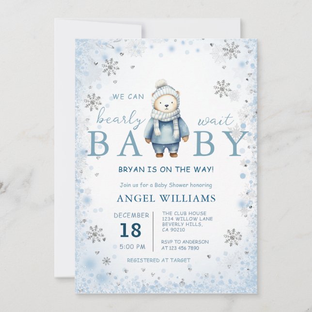 Convite  Winter Snowflake We Can Bearly Wait Baby Shower (Frente)
