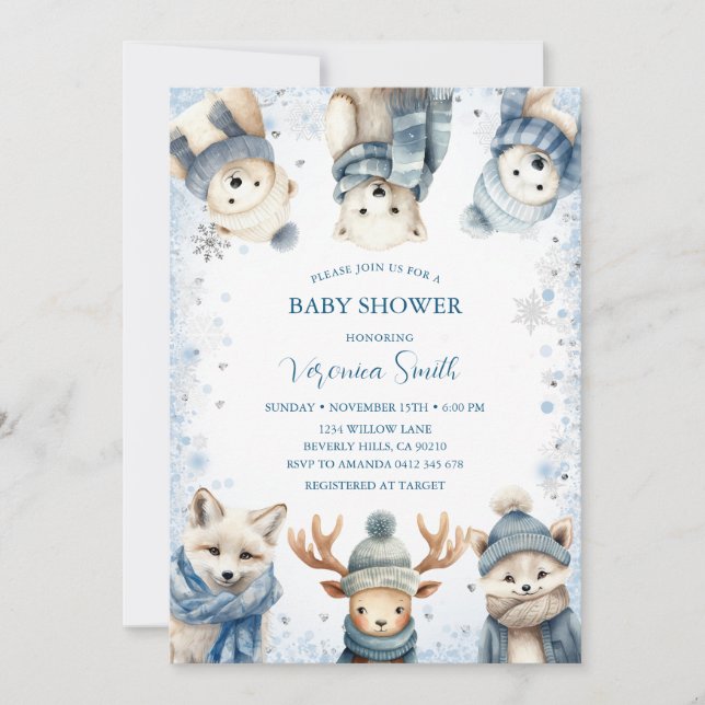 Convite Winter Snowflake Woodland Animals Baby Shower (Frente)