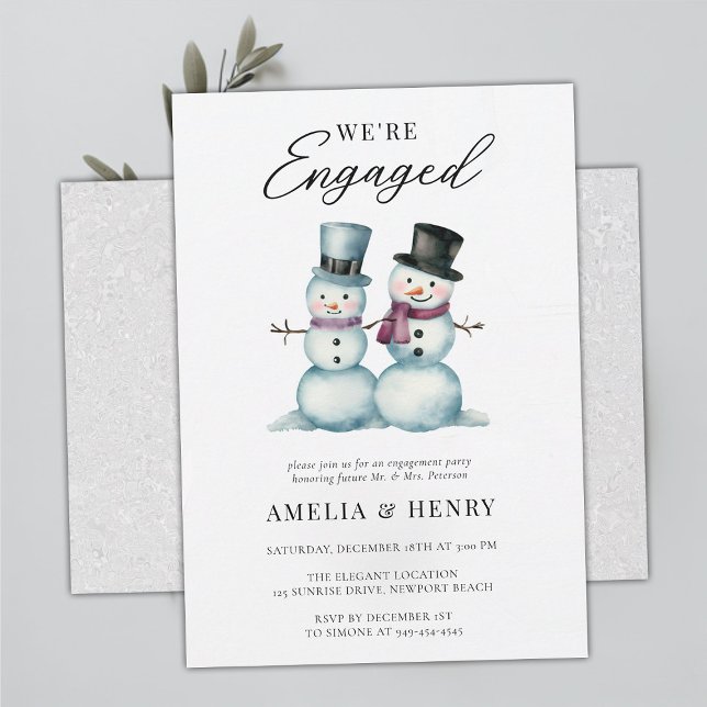 Convite Winter Snowmen Engraçada Festa de noivado Bonita (funny casual engagement party snowman winter cute humor watercolor snow in love were engaged)