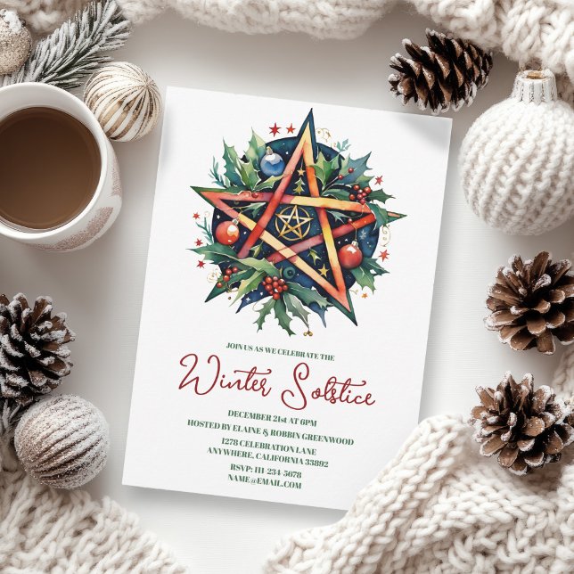 Convite Winter Solstice Holly Yule Pentacle Pagan (Winter Solstice Holly Yule Pentacle Pagan Invitation)