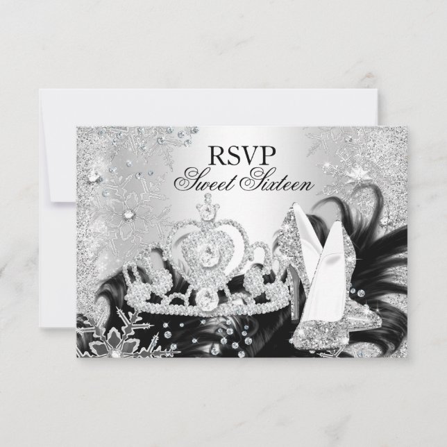 Convite Winter Sparkle Snowflake Silver Sweet 16 RSVP (Frente)