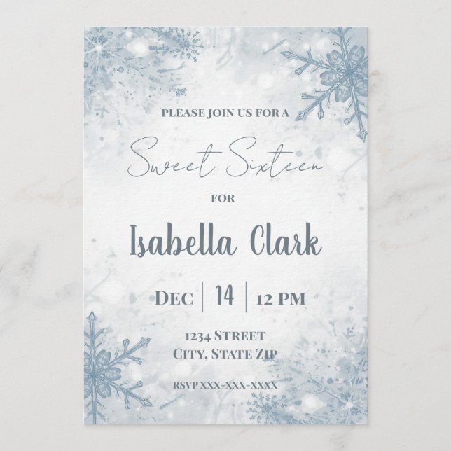 Convite Winter Sweet Sixteen Invitation – Soft Snowflakes (Frente)