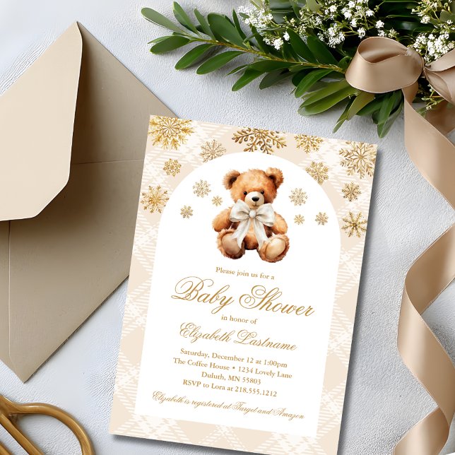 Convite Winter Teddy Bear Holiday Baby Shower (Classic Teddy Bear Ivory Plaid Preppy Baby Shower Invitation)