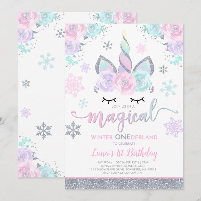 Convite Winter Unicorn Invitation Winter ONEderland Party (Frente/Verso)