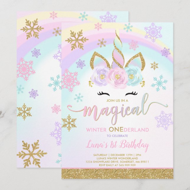 Convite Winter Unicorn Invitation Winter ONEderland Party (Frente/Verso)