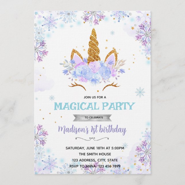 Convite Winter unicorn theme invitation (Frente)