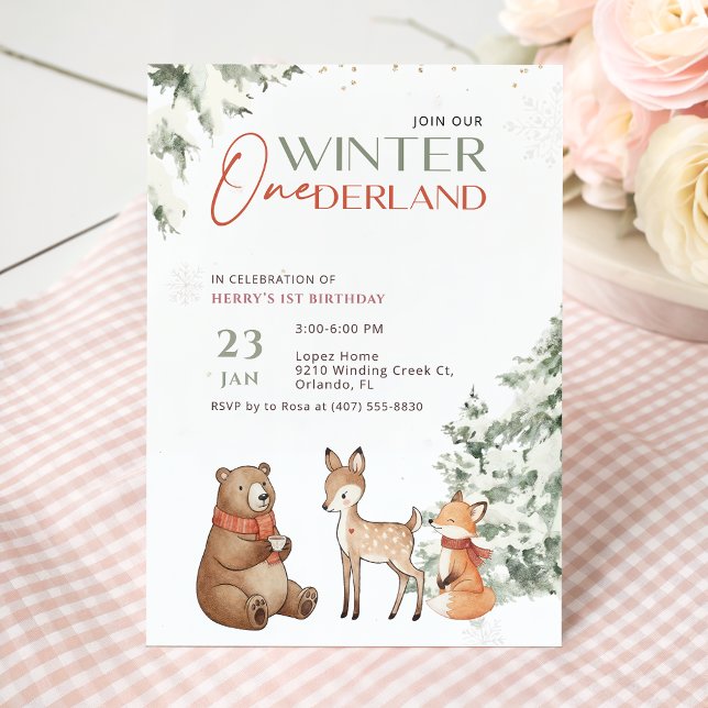 Convite Winter Watercolor Animal Onederland First Birthday (Criador carregado)