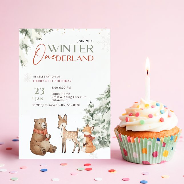 Convite Winter Watercolor Animal Onederland First Birthday (Criador carregado)