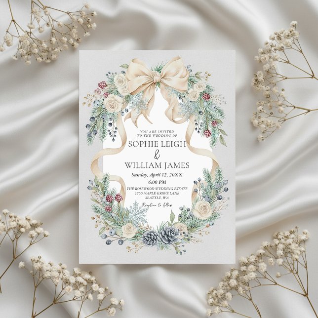 Convite Winter Wedding Invitation with Cream Bow and Flora (elegant winter wedding invitation)