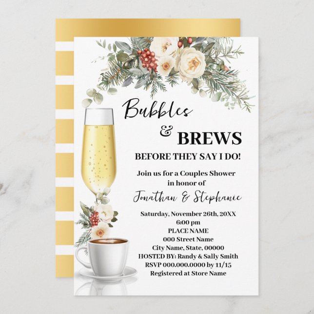 Convite Winter White Floral Bubbles & Brews Coffee Shower (Frente/Verso)