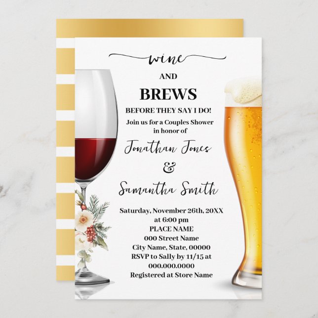 Convite Winter White Floral Wine and Brews Couples Shower (Frente/Verso)