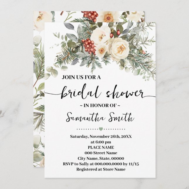 Convite Winter White Flowers Bridal Shower (Frente/Verso)