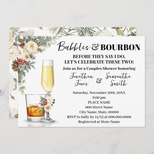 Convite Winter White Flowers Bubbles & Bourbon Shower (Frente/Verso)