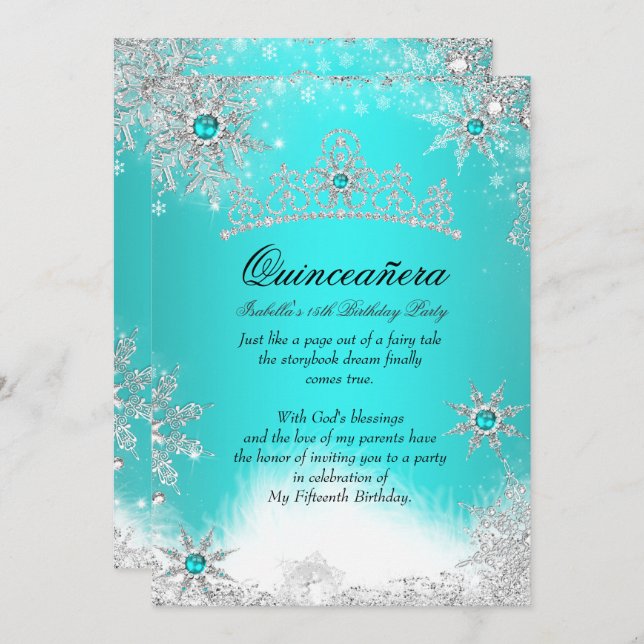 Convite Winter Wonderland Aqua Blue Quinceanera Party (Frente/Verso)