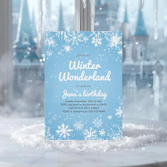Convite Winter Wonderland Birthday Blue Snowflake (Criador carregado)