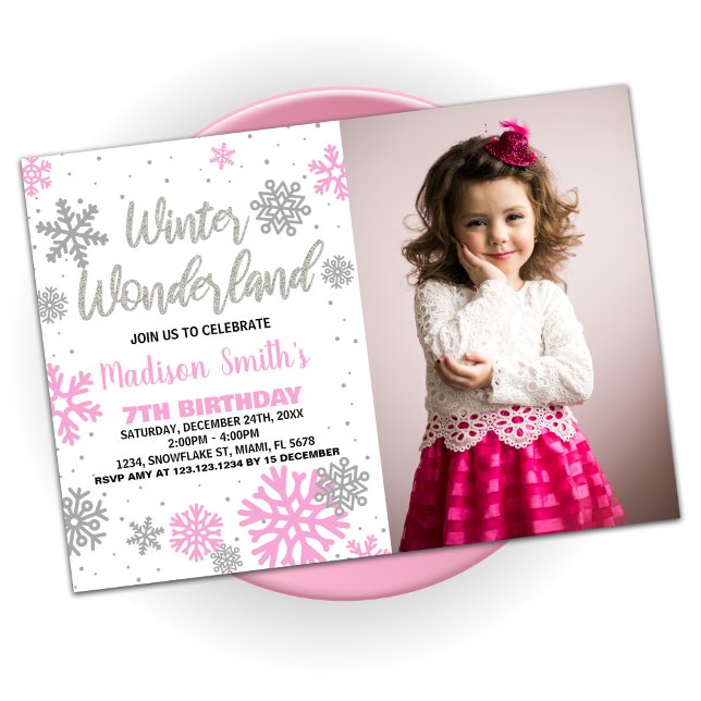 Convite Winter Wonderland Birthday Invances Pink Photo (Winter Wonderland Birthday Invitations Pink Photo)
