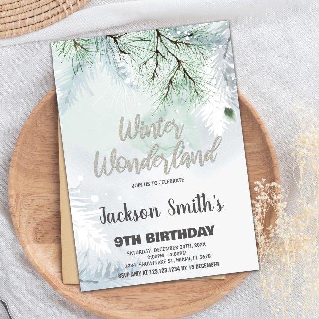 Convite Winter Wonderland Birthday Invents Pine Silver (Winter Wonderland Birthday Invitations Pine Silver)