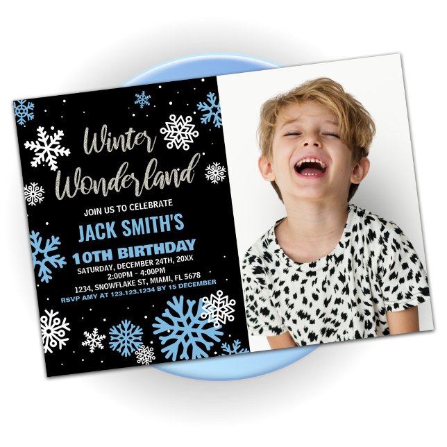 Convite Winter Wonderland Birthday Invoca Foto Negra (Winter Wonderland Birthday Invitations Black Photo)