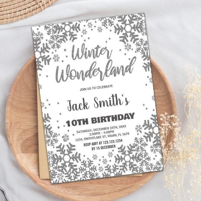 Convite Winter Wonderland Birthday Invoca Prata (Winter Wonderland Birthday Invitations Silver)