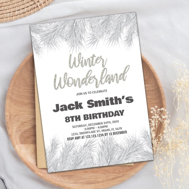 Convite Winter Wonderland Birthday Invoca Prata Pine (Winter Wonderland Birthday Invitations Silver Pine)