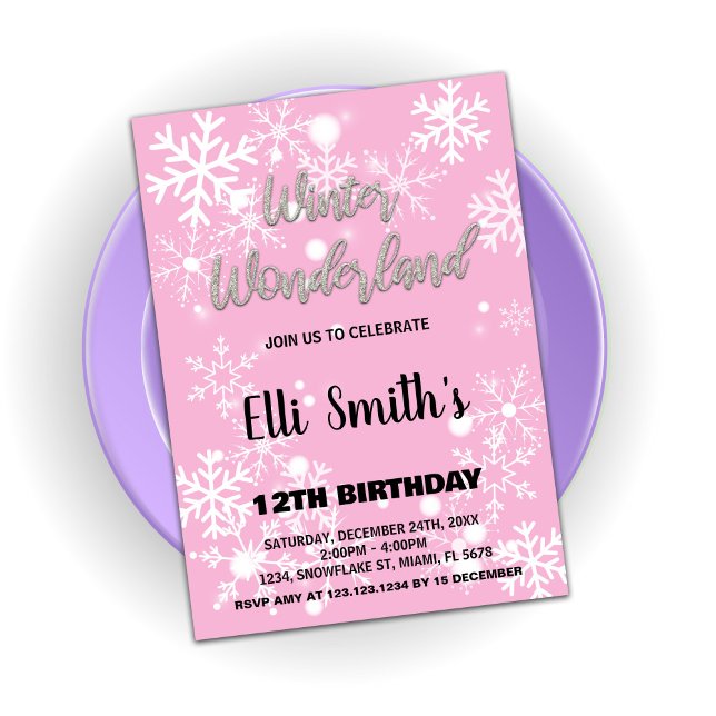 Convite Winter Wonderland Birthday Invoca Prata Rosa (Winter Wonderland Birthday Invitations Silver Pink)
