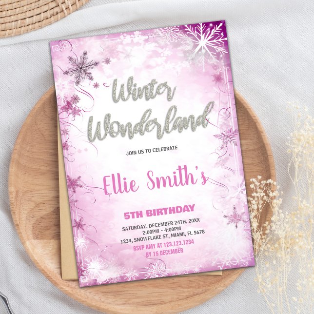 Convite Winter Wonderland Birthday Invoca Prata Rosa (Winter ONEderland Birthday Invitations Pink Silver)