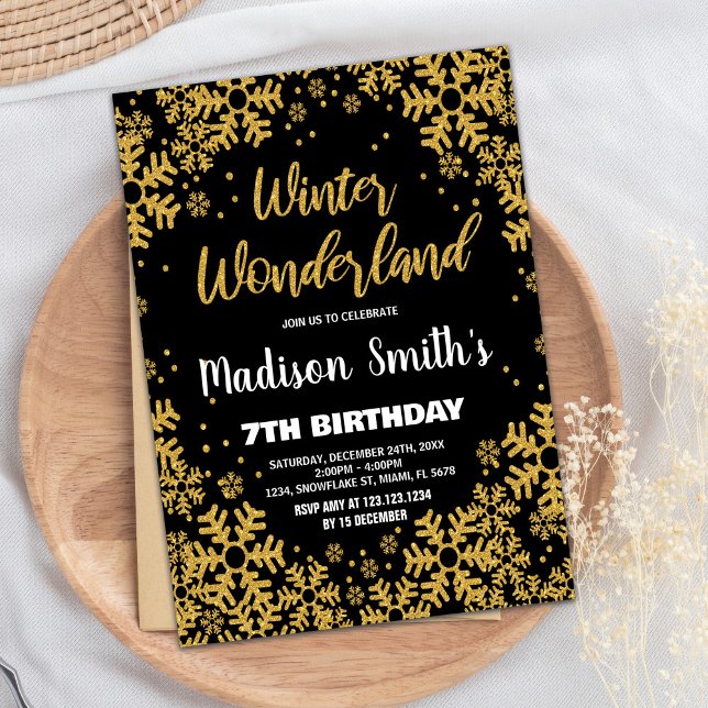 Convite Winter Wonderland Birthday Invocando Black Dourado (Winter Wonderland Birthday Invitations Black Gold)