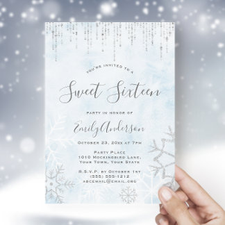 Convite Winter Wonderland Blue Silver Snow Ice Sweet 16