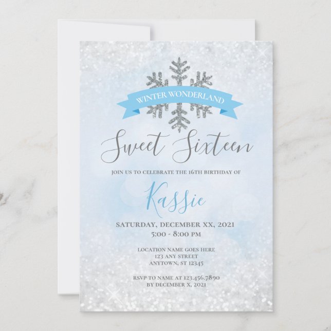 Convite Winter Wonderland Blue Silver Sweet 16 Birthday (Frente)