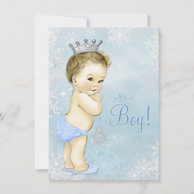 Convite Winter Wonderland Boys Blue Snowflake Chá de frald (Frente)
