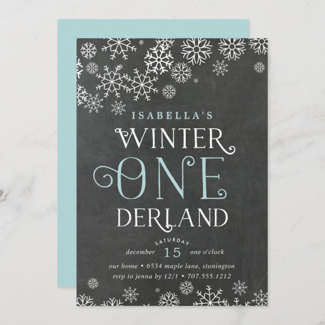Convite Winter Wonderland Chalkboard First Birthday Invite (Frente/Verso)