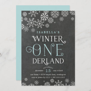 Convite Winter Wonderland Chalkboard First Birthday Invite
