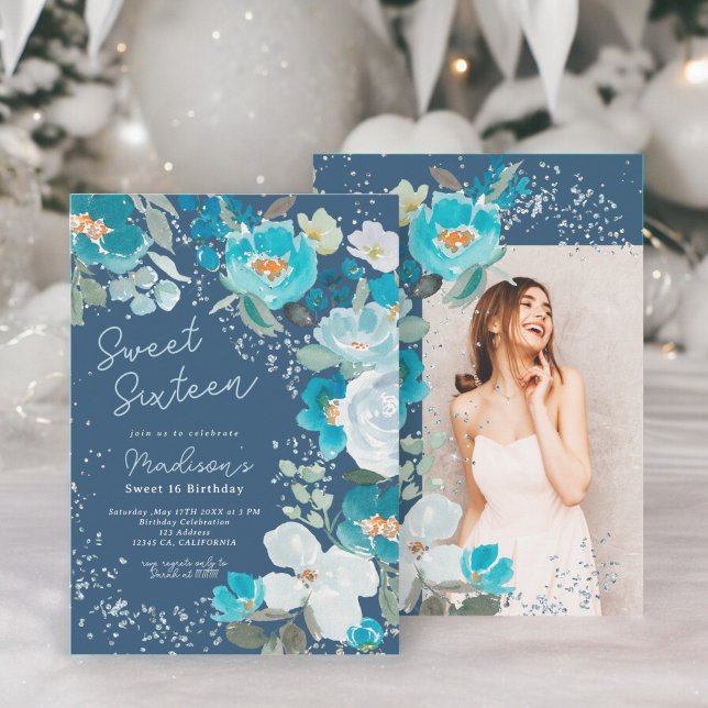 Convite Winter Wonderland Dark Blue Floral Sweet Sessenta (Winter Wonderland dark blue Floral Sweet Sixteen Invitation)